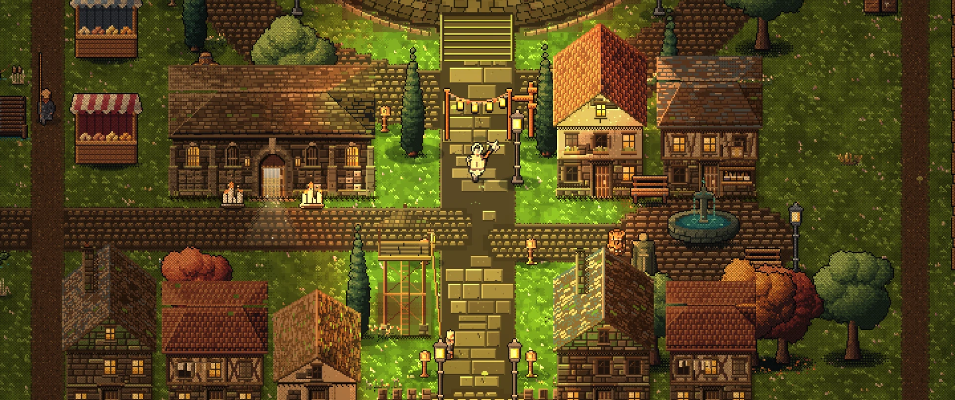 Selvarin from above: a cobbled street between timber houses and a fountain, lanterns strung across the way, and a hero walking up toward the gate.
